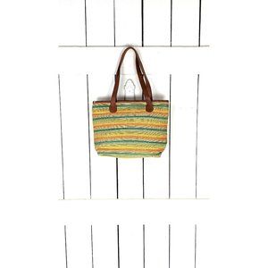 Striped straw vintage market bag leather strap purse tote bag